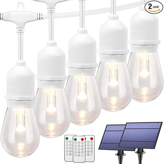 Mlambert 96FT(2x48FT) 3-Color in 1 Dimmable Solar String Lights Outdoor, Remote Patio String Lights with 30+5 LED Bulbs for Pergola Outside-White Cord