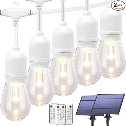 Mlambert 96FT(2x48FT) 3-Color in 1 Dimmable Solar String Lights Outdoor, Remote Patio String Lights with 30+5 LED Bulbs for Pergola Outside-White Cord