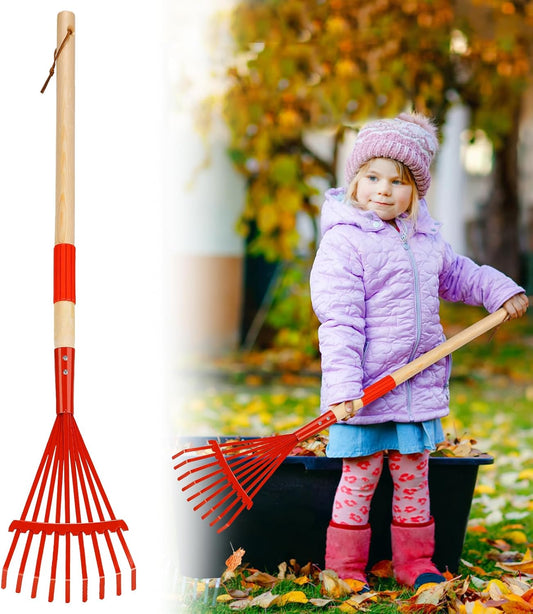 Kids Friendly Rakes for Leaves - 28" Child Size Small Rake with Durable Metal Head & Hardwood Handle, Real Lawn Garden Yard Tools for 3+ Years Kids Enjoy Helping Work Gifts (Red)