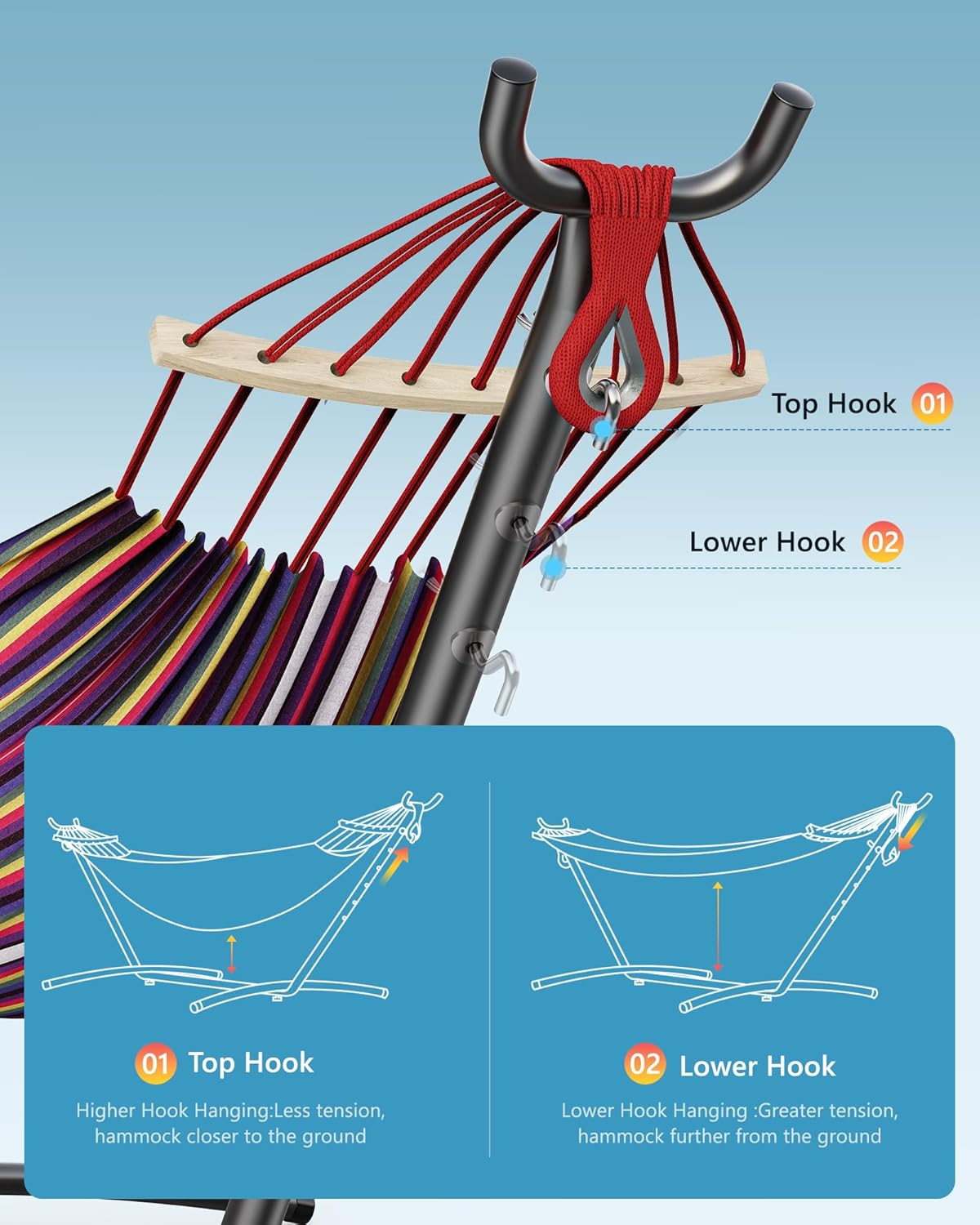 Double Hammock with Heavy-Duty Steel Stand,Portable,Easy Assembly,600lbs Weight Capacity,Perfect for Indoor,Yard,Camping,or Outdoor-Rainbow