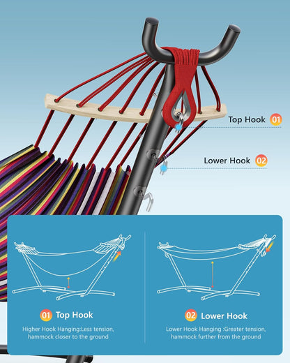 Double Hammock with Heavy-Duty Steel Stand,Portable,Easy Assembly,600lbs Weight Capacity,Perfect for Indoor,Yard,Camping,or Outdoor-Rainbow