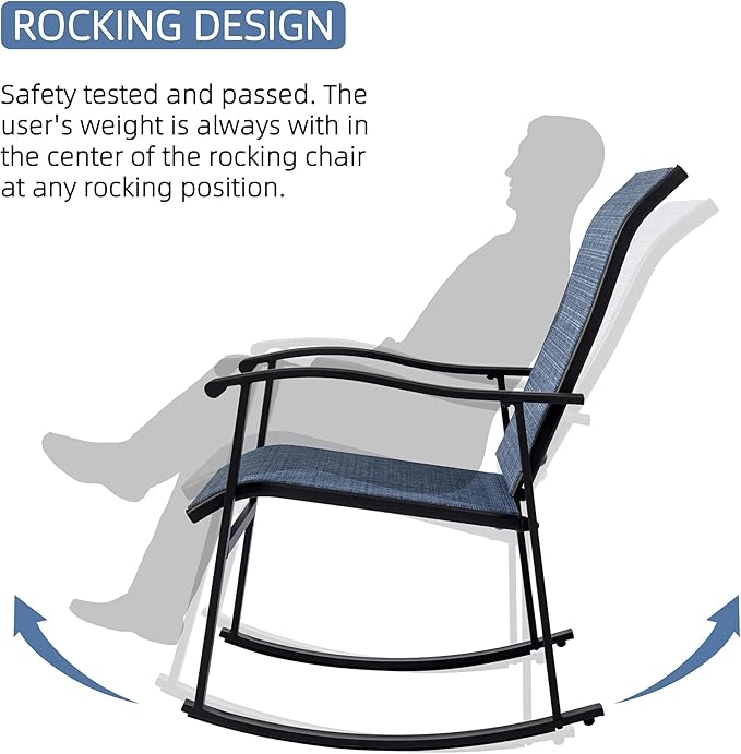 Vongrasig 3 Piece Outdoor Rocking Bistro Set, Textilene Fabric Small Patio Furniture Set, Front Porch Rocker Chairs Conversation Set with Glass Table for Lawn, Garden, Balcony, Poolside (Denim Blue)