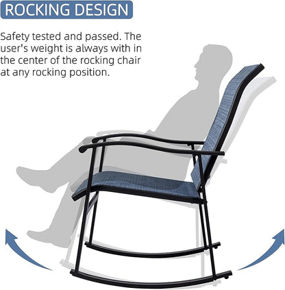 Vongrasig 3 Piece Outdoor Rocking Bistro Set, Textilene Fabric Small Patio Furniture Set, Front Porch Rocker Chairs Conversation Set with Glass Table for Lawn, Garden, Balcony, Poolside (Denim Blue)