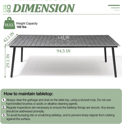 Outdoor Dining Table for 8-10, 94.5 inch Patio Dining Table with Wooden-Like Top and Aluminum Frame, Rectangular Table with Umbrella Hole Outdoor Furniture, Grey