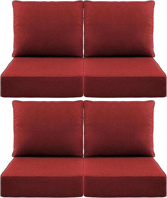 Luxury 6" Outdoor Cushions for Patio Furniture, 24x24x6" Thick Seat Cushion Set of 4, Fade Resistant Couch Chair Replacement Cushions High Density Deep Wicker Chair Cushion w/ Removable Cover, Red
