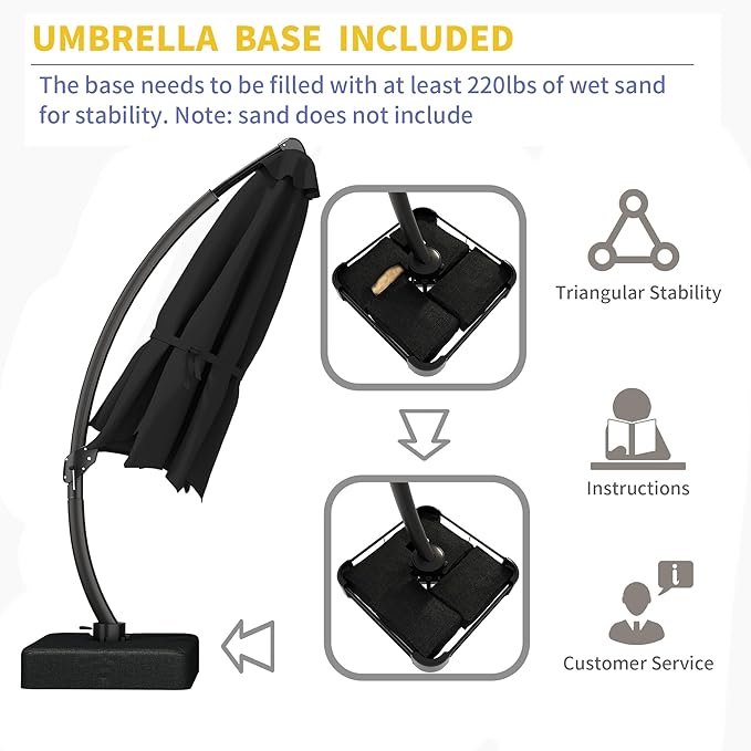 Kingdura 11ft Offset Cantilever Patio Umbrella with Base Included, Large Round Aluminum Outdoor Umbrella, 360° Rotation & Infinite Tilt, Heavy Duty Frame for Deck Pool Backyard, Black