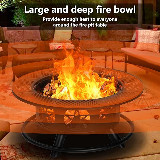 36 Inch Fire Pit with 2 Grills, Wood Burning Fire Pits for Outside with Lid & Poker, BBQ& Outdoor Firepit & Round Metal Table 3 in 1 for Patio, Picnic, Party