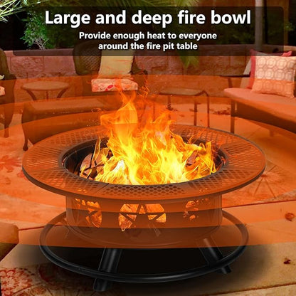 36 Inch Fire Pit with 2 Grills, Wood Burning Fire Pits for Outside with Lid & Poker, BBQ& Outdoor Firepit & Round Metal Table 3 in 1 for Patio, Picnic, Party