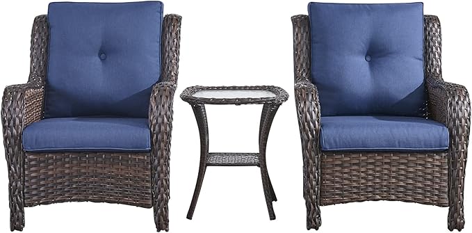 Rilyson Patio Bistro Set Wicker Chairs - 3 Piece Outdoor Rattan Conversation Set with 2 Armrest Chair and 1 Side Table for Proch Deck Garden Backyard Balcony(Brown/Blue)