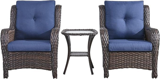 Rilyson Patio Bistro Set Wicker Chairs - 3 Piece Outdoor Rattan Conversation Set with 2 Armrest Chair and 1 Side Table for Proch Deck Garden Backyard Balcony(Brown/Blue)
