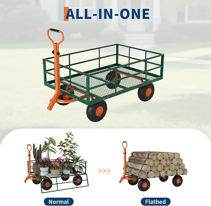 1200LB Capacity Garden Cart, 3-in-1 Heavy Duty Utility Wagon with 13" All-Terrain Tires, Removable Mesh Sides & 180° Swivel Handle - Outdoor Yard Cart for Gardening, Farming, Patio Use