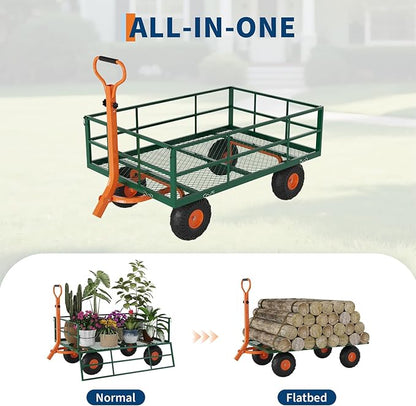 1200LB Capacity Garden Cart, 3-in-1 Heavy Duty Utility Wagon with 13" All-Terrain Tires, Removable Mesh Sides & 180° Swivel Handle - Outdoor Yard Cart for Gardening, Farming, Patio Use