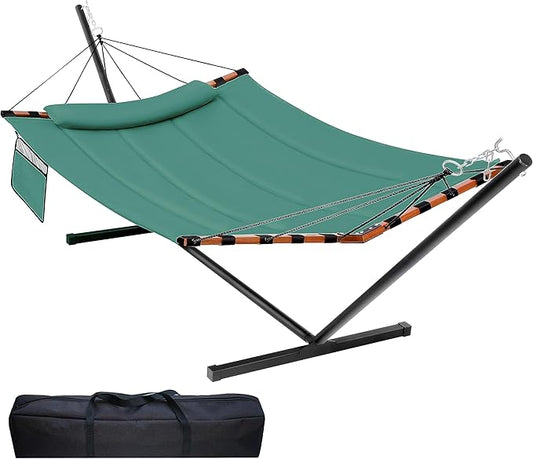 TegerDeger 12FT 2 Person Hammock with Stand Included 55 x 79IN Large Hammock 450LB Capacity with Hardwood Spreader Bar & Nylon Rope for Outside, Patio, Garden, Backyard, Beach, Poolside - Lake Blue