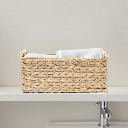 Handmade Water Hyacinth Woven Storage Baskets with Wooden Handles, Rectangle Rustic Organizer Set for Home Decor, Kitchen, Bedroom & Office (Large)
