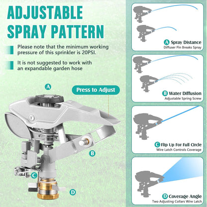 1 Packs Lawn Impact Sprinkler Heavy Duty Rotating Adjustable Pulsating Water Sprinkler Head with Metal Base, Adjustable Spraying Area and Distance for Large Area Garden Lawn Yard Irrigation