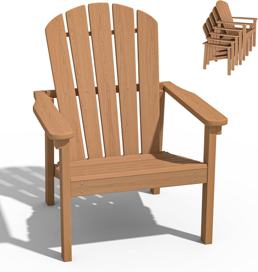 Stackable Adirondack Chair, HDPE Outdoor Patio Chair - Durable and Space Saving, Suitable for Porches, Lawns or Garden, Teak