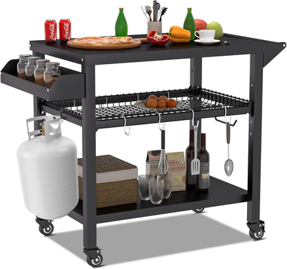 Spurgehom Grill Cart, Pizza Oven Stand Table with Wheels, Outdoor Movable Kitchen Cooking Prep Table BBQ Cart with Mesh Racks for Home Party, Bar, Camping