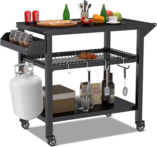 Spurgehom Grill Cart, Pizza Oven Stand Table with Wheels, Outdoor Movable Kitchen Cooking Prep Table BBQ Cart with Mesh Racks for Home Party, Bar, Camping