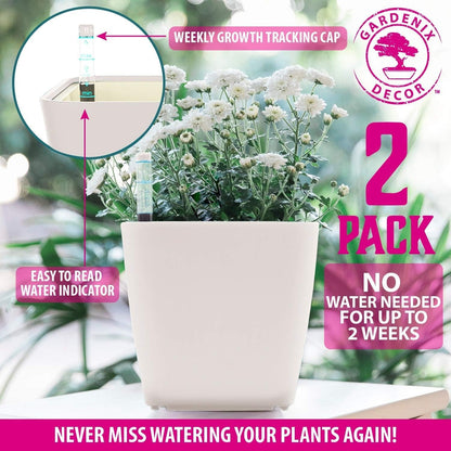 GARDENIX DECOR 5" Self Watering pots for Indoor Plants - Flower Pot with Water Level Indicator for Plants, Grow Tracking Tool - Self Watering Planter Plant Pot – 2 Pack White