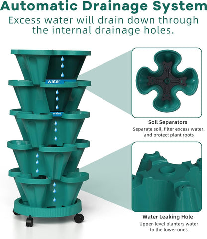 Strawberry Vertical Planters Tower Garden, 5 Tiered Stacking Planter with Support Pole, Stackable Herb Vegetable Planters Indoor and Outdoor - Hunter Green