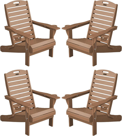 Adirondack Chairs Set of 4, Outdoor Fire Pit Chairs, HDPE All-Weather Adirondack Chairs with Cup Holder, Lawn Chair for Deck, Patio, Garden (Teak)