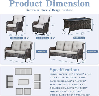 Outdoor Wicker Furniture Patio Set - 7 Piece Backyard Furniture Brown Rattan Conversation Sets with Swivel Rocker Chairs, Rattan Sofa, Club Chairs and Coffee Table, Beige Cushion