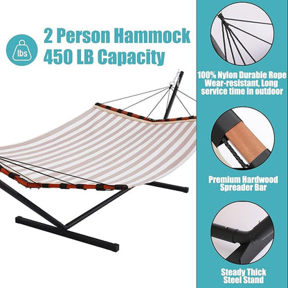 TegerDeger 12FT 2 Person Hammock with Stand Included 55 x 79IN Large Hammock Quick Dry 450LB Capacity with V Shaped Hardwood Spreader Bar & Nylon Rope for Outside, Patio, Garden - Tender Beige Stripes