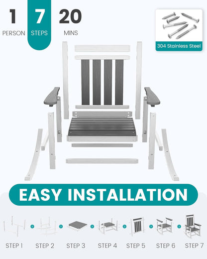 SERWALL Outdoor Rocking Chair, HDPE Rocking Chairs for Adult, All Weather Porch Rockers for Lawn Garden, Gray & White
