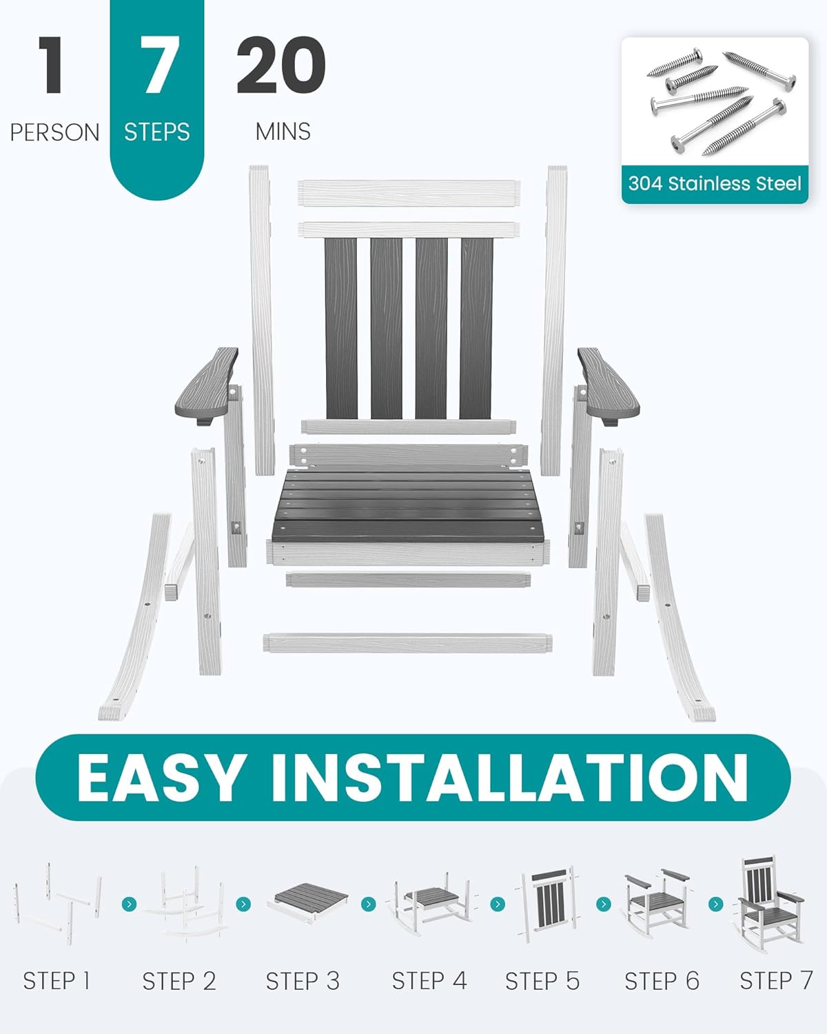 SERWALL Outdoor Rocking Chair Set of 2, HDPE Rocking Chairs for Adult, All Weather Porch Rockers for Lawn Garden, Gray & White