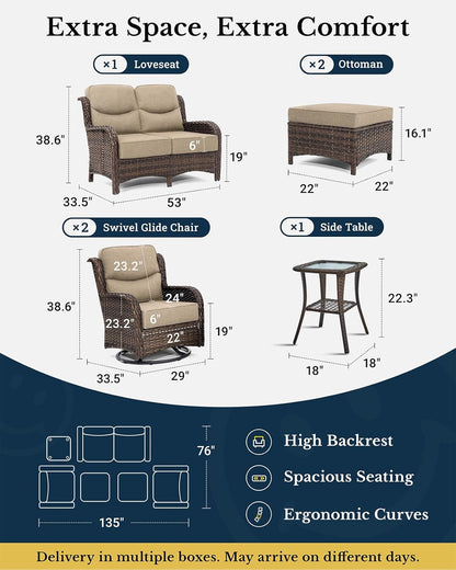 HILLGA Luxury Patio Furniture Set with 6-inch Thick Cushion, Outdoor Loveseat and High Back Swivel Rocker Patio Chairs, 6PCS Wicker Conversation Set for Deck Yard and Poolside, Beige (V2)