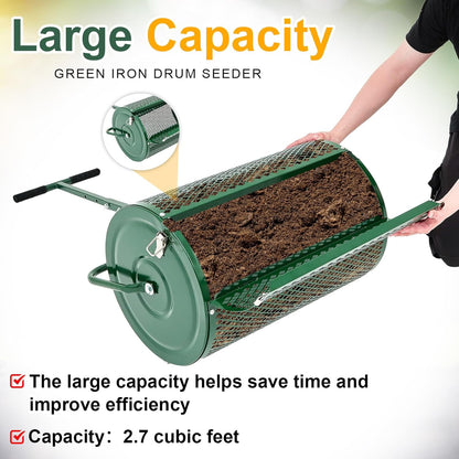 Hiboom 36 Inch Compost Spreader, Peat Moss Spreader, Manure Roller with Adjustable T Shaped Handle, Lightweight Metal Mesh for Lawn Garden Spreading Manure Topsoil (Green)