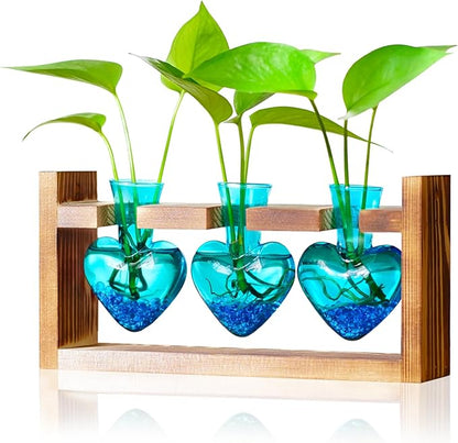 Nacome Plant Terrarium Propagation Stations: Birthday Gifts for Plant Lovers Women Mom Wife - Wooden Stand Tabletop Planter 3 Bulb Glass Vase Heart Shaped for Hydroponics Indoor Home