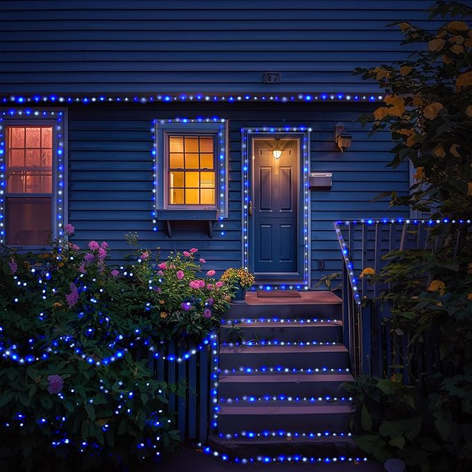 JMEXSUSS 2 Pack Blue and White Solar Christmas Lights, Each 33FT 100 LED Solar String Lights Outdoor Waterproof, 8 Modes Mini Fairy Lights for Outside Yard Patio Christmas Decorations