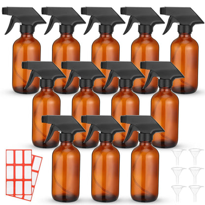 Norme 12 Pcs 8 oz Glass Spray Bottles with Funnels and Labels Refillable Cosmetic Empty Spray Bottles with Sprayer Containers for Essential Oil Cleaning Solutions(Amber,Classic)