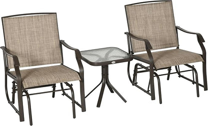 Outsunny 3 Piece Outdoor Glider Chair with Coffee Table Bistro Set, 2 Patio Rocking Swing Chairs with Breathable Sling Fabric, Glass Tabletop, for Backyard, Garden and Porch, Mixed Brown