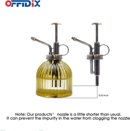 OFFIDIX Glass Watering Spray Bottle, 6.3" Tall Vintage Style Decorative Plant Atomizer Watering Can Pot with Bronze Plastic Top Pump for Indoor Potted Plants(Yellow)