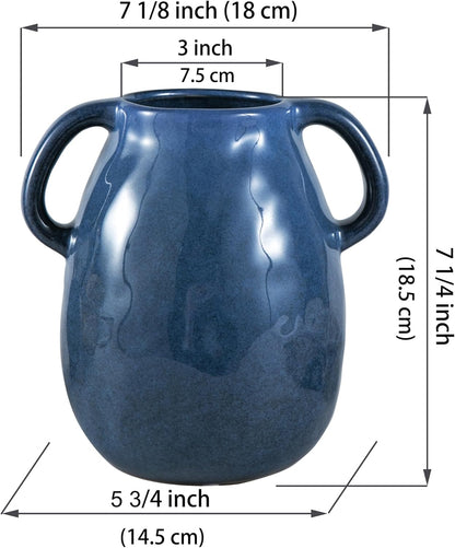 Blue Ceramic Vase with 2 Handles - Modern Farmhouse Rustic Terracotta Decorative Clay Boho Vase for Pampas Grass and Home Decor
