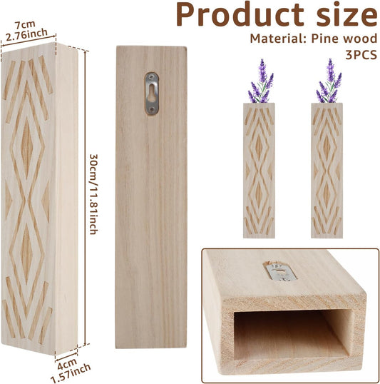 3PCS Wood Wall Planter for Indoor Plants, Wall Planter Vase, Stylish Wood Hanging Vase, Decorative Wood Wall Pocket Vase, Rectangular Hanging Planter for Living Room Bedroom Office(Beige)