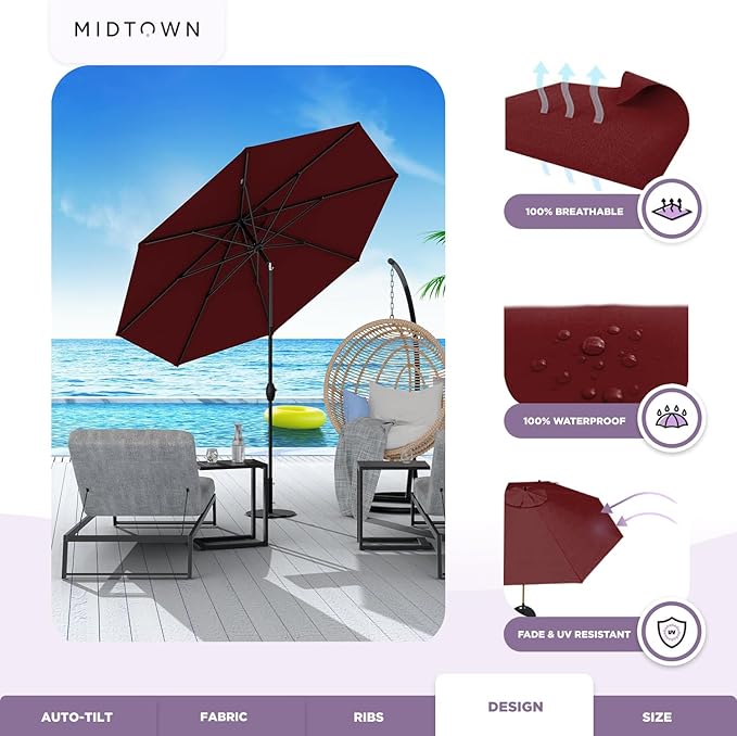 Midtown Umbrellas Sunbrella Umbrella 8 Feet Outdoor Umbrella With Sunbrella Burgundy Acrylic Fabric - Auto-Tilt Aluminum Frame Patio Umbrella For Backyard, Deck, Garden, Pool - Black Pole