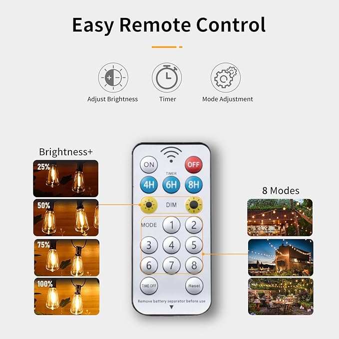 50FT Solar String Lights Outdoor Waterproof with Remote and 26 Shatterproof Edison Bulbs (1 Spare), USB Charging Solar Powered Patio LED Lights String for Outside, Garden, Backyard, Porch (Warm White)