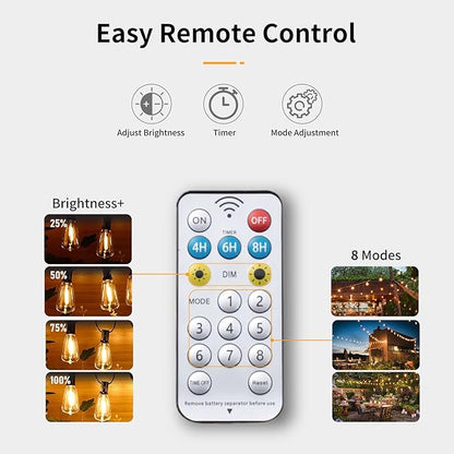 50FT Solar String Lights Outdoor Waterproof with Remote and 26 Shatterproof Edison Bulbs (1 Spare), USB Charging Solar Powered Patio LED Lights String for Outside, Garden, Backyard, Porch (Warm White)