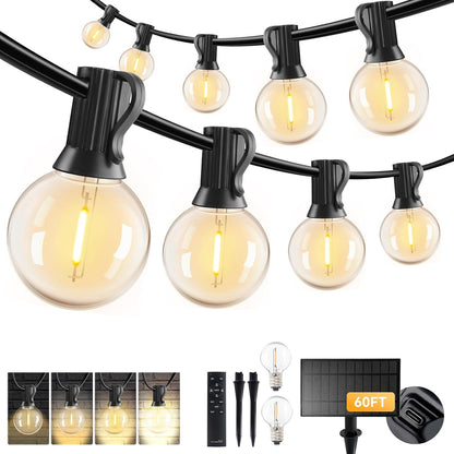 HJQ 60FT Solar String Lights Outdoor Waterproof, Patio Lights Solar Powered with Remote & USB Port, 20+1 LED Shatterproof Bulbs, 3 Light Modes, Dimmable Solar Hanging Lighting for Camping Yard Garden