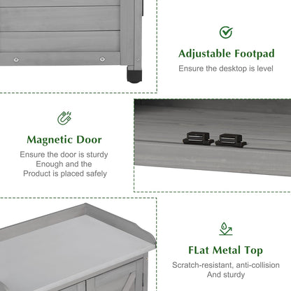 Outdoor Storage Cabinet & Potting Bench Table with Metal Top, Wooden Patio Furniture, Garden Workstation (Classic Grey, 39x31.5x17in)