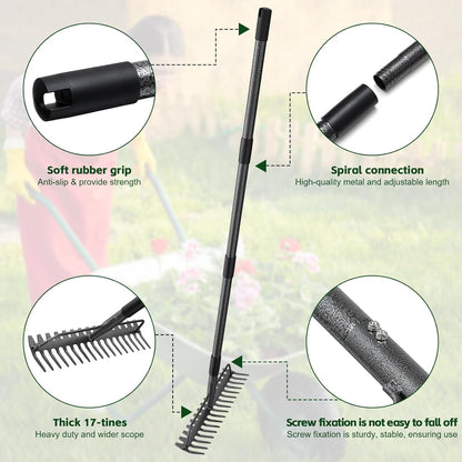 77'' Bow Rake ，17 Tines Metal Head Rakes with Stainless Steel Handle，Heavy Duty Garden Rake for Loosening Soil Gathering Leaf Leveling Lawn Farming Land Management Yarn Thatch Rake