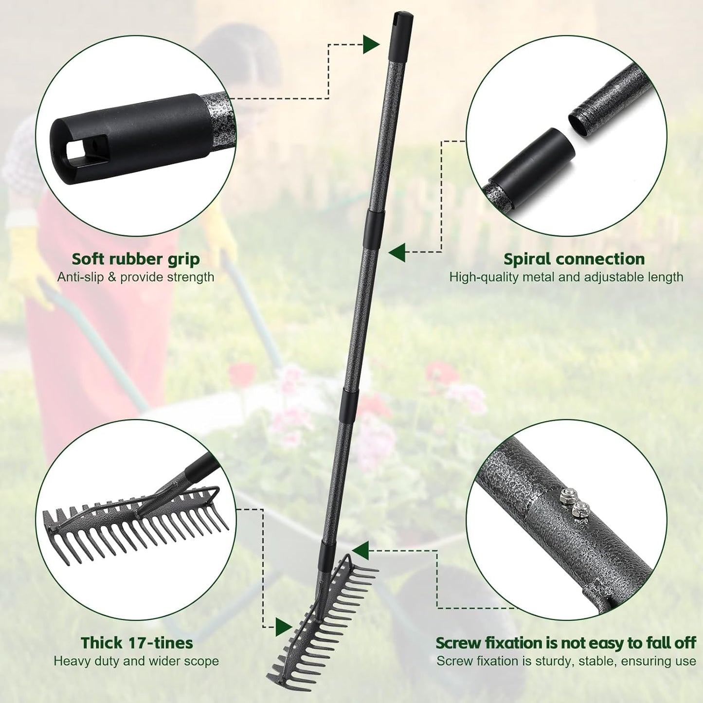 63'' Bow Rake ，17 Tines Metal Head Rakes with Stainless Steel Handle，Heavy Duty Garden Rake for Loosening Soil Gathering Leaf Leveling Lawn Farming Land Management Yarn Thatch Rake