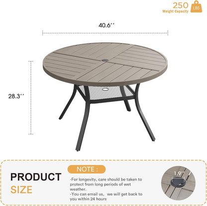 VICLLAX Round Patio Table with Adjustable Umbrella Hole for 4, All Weather Metal Outdoor Dining Table for Lawn Garden, 40.6" Outdoor Coffee Table, Grey Wood-Like Tabletop