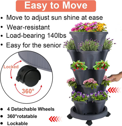 Vertical Planter 5 Tier Stackable Planters Garden Planters Strawberry Herb Flower and Vegetable Planter Indoor Outdoor Gardening Pots with Removable Wheels and Tools