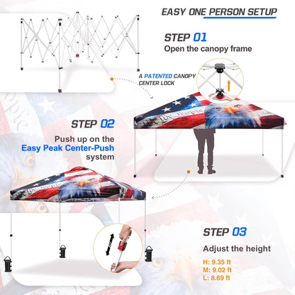 EAGLE PEAK Pop Up Canopy Tent with Wheeled Carry Bag, 8 Stakes, 4 Ropes, 4 Weight Bags, Easy Set Up Tent Canopy, 10x10 ft, 100sqft of Shade, American Icon