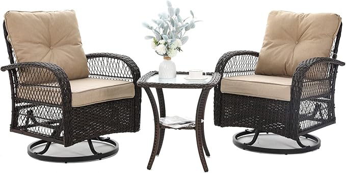 3 Pieces Patio Furniture Set, Outdoor Swivel Glider Rocker, Wicker Patio Bistro Set with Rocking Chair, Thickened Cushions and Table for Porch (Khaki)