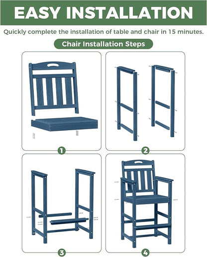 HDPE Outdoor Patio Tall Adirondack Bar Chairs Set of 2, All-Weather Bar Height Balcony Adirondack Stools for Bistro, Garden, Backyard, Pool, Deck | Navy Blue